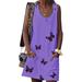 Women Casual Mini Dress Boho Butterfly Printed Sleeveless Scoop Neck Party Tunic Long Tops Loose Buttons Summer Beach Holiday Dresses