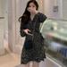 ZEROFEEL Black Print Chiffon Dress Women Spring Autumn Long Sleeve Dresses Korean Fashion Ruffles Dress