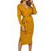 Fashion Women Winter Casual Bat Wing Long Sleeve Bodycon Knitted Split Jumper Midi Dress Ladies Sexy V-Nexk Slim Fit Party Evening Cocktail Prom Sweater Wrap Long Dress With Waist Tie Size 12-26