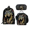 INSTANTARTS 3D T-rex Dinosaur Pattern Kids Cool School Backpack Lunch Box Bag Set Pencil Case Bookbag Set - 3 Piece