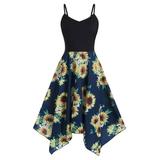 ClodeEU Fashion Womens Sunflower Print Asymmetric Camis V-Neck Patchwork Dress