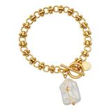 Scoop Brass Yellow Gold-Plated Imitation Pearl Link Toggle Bracelet, 7.5''