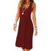 Sexy Dance Women Casual Midi Dress Sleeveless Crew Neckline Tunic Dress Pure Color Summer Boho Pleated Sundress Wine Red XL