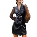 Women?s Double Breasted Leather Jacket, Classic Mesh Long Sleeve Slim Fit Plain Lapel Coat