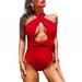 Women's One-piece Swimsuit, Front Cross Backless High Waist Swimsuit for Girl, Red