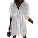 Enwejyy Women's Vacation Sexy Hollow Mbroidery Lace V-Neck Ruffled 3/4 Sleeve Midi Bohemian Dress