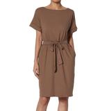 TheMogan Women's S~3X Tie Waist Short Sleeve Stretch Knit Shift Dress Casual to Office