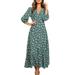 Women Chiffon Floral Long Sleeve Dress Bohemian Chiffon High Waist Slit Button Down V Neck Boho Maxi Dresses Sundress