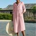 Women's Round Neck Button Pocket Dresses Cotton Linen Half-Sleeve Solid Color Dress