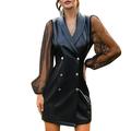 Meihuida WomenÂ´s Double Breasted V-neck Leather Jacket Classic Mesh Long Sleeve Slim Fit Coat