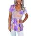 Mojoyce Women Tie Dye Print Splicing â€‹Short Sleeve V Neck Loose T-Shirt (Purple S)