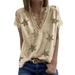 Women's V Neck Short Sleeve Lace Neck T-shirt, Summer Star Blouses Vintage Elegant Tunic Shirt Tops, Khaki, XL