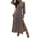 Avamo Ladies Smock Hem Dress Autumn Floral Boho Baggy A Line Dress Womens Long Sleeve Pullover Shirt Dress Button Decoration V-Neck T-Shirt Dress