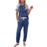 Niuer 2 Piece Loungewear for Women Short Sleeve Sweatsuit Sets Crewneck Raglan Top Elastic Waist Pants Home Sets Loose Fit Outfits Blue M(US 8-10)