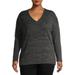 Terra & Sky Women's Plus Size Long Sleeve Mixed Media V-Neck Top