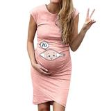 Cathery Pregnant Women Pleated Dress,Creative Print Short Sleeve One-piece Dress