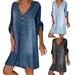 HEVIRGO Fashion Summer Women V Neck Half Sleeve Buttons Loose Knee-length Denim Dress