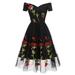 Meterk Women Floral Embroidered Mesh Dress Off the Shoulder Short Sleeves Vintage A-Line Tea Cocktail Party Dress