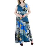 24seven Comfort Apparel Women's Plus Size Blue Paisley Sleeveless V Neck Maxi Dress