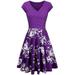 Sexy Dance Women Summer Floral Print Boho Dresses Casual Vintage Party Cocktail Midi Dress Ladies Short Sleeve V Neck Prom Gown Purple L