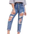 Women High Waist Frayed Jeans Denim Boyfriend Style Casual Trousers Pants Bottom