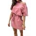 Women Solid Color Dress Short Sleeve Elegant Office Ruffle Off-Shoulder Dress for Daily Party