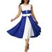 Besufy Plus Size Summer Round Neck Sleeveless Women Color Block Bow A-Line Midi Dress