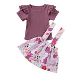 Binpure 2Pcs Baby Outfits Solid Color Top + Cartoon Printed Suspender Skirt