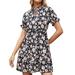 Forzero Women's Dress Women's Floral Print Neckline Tie Short Sleeve Dress