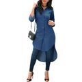 Women Vintage Long Sleeve Blue Jean Denim Long Tunic Tops Blouse Denim Shift Dress Ladies Lapel Neck Swallowtail Top Blouse