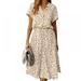 Women Summer Polka Dot Dress Ruffled Short Sleeve V Neck Boho Sundress Cocktail Party Evening Button Bow Holiday Midi Dress