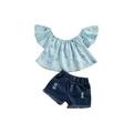 Xiaoluokaixin Toddler Baby Girls Short Sleeve Floral Tops Ruffle Tunic Dress+Ripped Jeans Hollow Denim Pants Clothes cqH