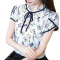 Oaktree2018 Chiffon Print Blusas Floral Shirt For Womens Elegant Lace-up Neck Blouses Women Short Sleeve Plus Size Female Tops