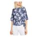 MICHAEL KORS Womens Blue Tie Floral Bell Sleeve Jewel Neck Top Size L