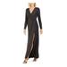 NIGHTWAY Womens Navy Slitted Glitter Zippered Long Sleeve V Neck Maxi Sheath Evening Dress Size 4