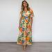 Egmy Women's Summer V-neck Dress Beach Bohemian Floral Print Ruffles Holiday Dress