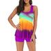 Womens Fashion Gradient Color Ruched Bikini Set Rainbow Swimsuit Tankini Camkini with Boy Shorts 2 PC Swimwear