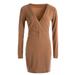 Dewadbow Women Party Cocktail Dresses Bodycon Mini Dress V Neck Long Sleeve