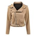 Fashion Women Faux Suede Jacket Solid Turn Down Collar Long Sleeve Thin Belted Coat Outerwear