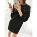 Women's Round Neck New Beaded Solid Color Long Sleeve Slim-Fit Long Dress