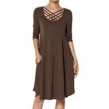 TheMogan Women's S~XL Strappy Scoop Neck 3/4 Sleeve Pocket Swing Comfy Tee Dress