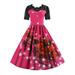 Winnereco Retro Print Short Sleeve Xmas Dress Women Lace Swing Dresses (Rose Red 2XL)