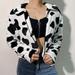 Fashion Women Winter Print Fluffy Coat Turn-Down Collar Long Sleeve Zipper Warm Short Coat Jacket