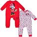 Disney Girl's 2 Pack Minnie Mouse Footed Coverall Bodysuit Onesie Set, Long Sleeve Bodysuit, Size 3M Red