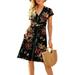 Listenwind Women's Sexy Boho Beach Dress Floral Wrap V Neck Loose Casual Summer Mini Flowy Skater Sun Dress with Pockets