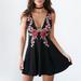 New Women Sleeveless Mini Dress Floral Embroidery Deep V Neck Backless Slim Dress Royal Blue/Black