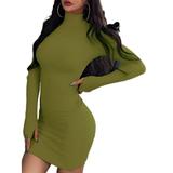 Listenwind Women Sexy Long Sleeve Mini Dress Ribbed Knit Turtleneck Bodycon Stretchy Club Midi Dress Slim Fit Pencil Dress