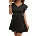 HUBERY Women Ruffled Sleeves Elastic High Waist V Back Lace Trim Cutout Mini Dress