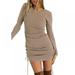 Hazel Long Sleeve Women Dress Ladies Sexy Round Neck Solid Color Ruffled Tie Long Sleeve Casual Dress Summer