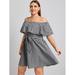 Woman's Plus Size Off Shoulder Ruffle Trim Self Belted Gingham Dress